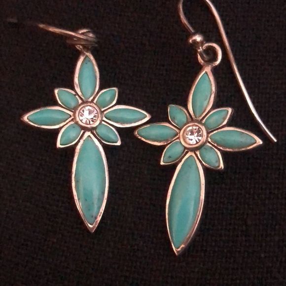 BARSE Turquoise Sterling Silver Elongated Floral Drop Dangle Earrings Vintage